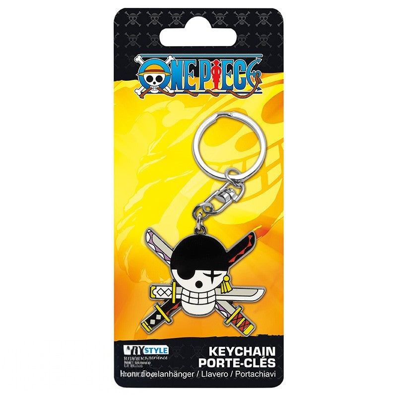 Fans Geek Store One Piece metal keychain featuring Roronoa Zoro's iconic skull and crossed swords emblem.