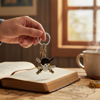 Fans Geek Store metal Roronoa Zoro One Piece keychain held over an open book on a vintage map table