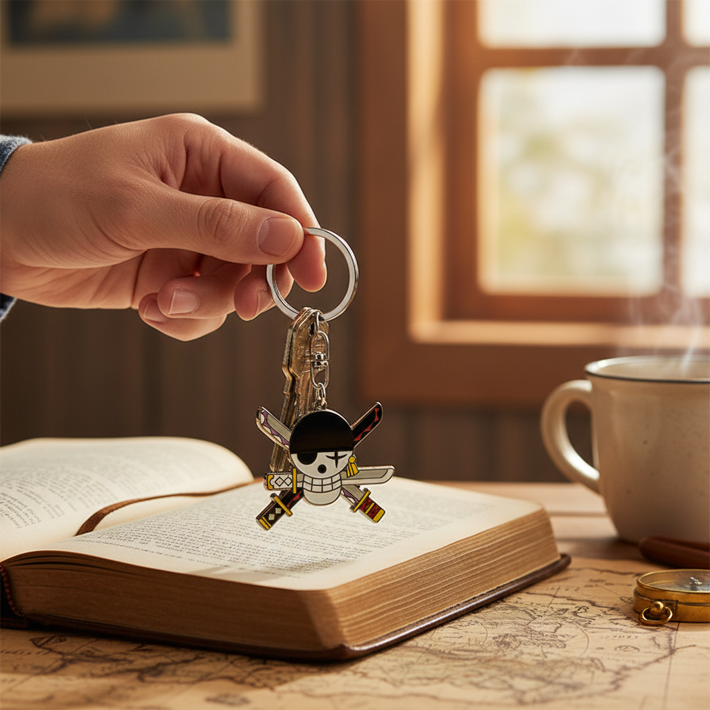 Fans Geek Store metal Roronoa Zoro One Piece keychain held over an open book on a vintage map table