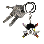 Fans Geek Store metal Roronoa Zoro keychain featuring the One Piece pirate skull logo with crossed swords