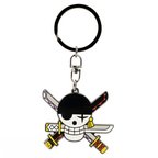 Fans Geek Store metal One Piece keychain featuring Roronoa Zoro skull and crossed swords design