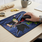 Fans Geek Store One Piece mousepad featuring Roronoa Zoro with swords on a smooth fabric surface with non-slip base