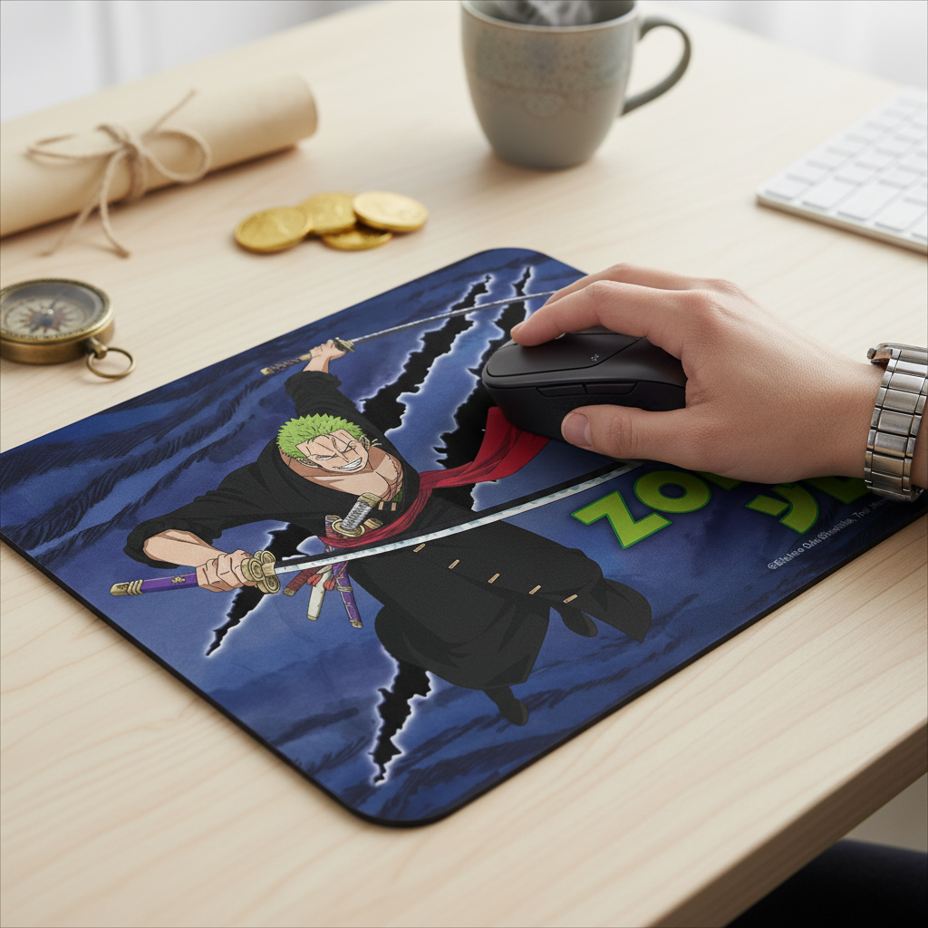 Fans Geek Store One Piece mousepad featuring Roronoa Zoro with swords on a smooth fabric surface with non-slip base