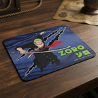 Fans Geek Store One Piece Roronoa Zoro mousepad with a smooth fabric surface and non-slip rubber base on a desk