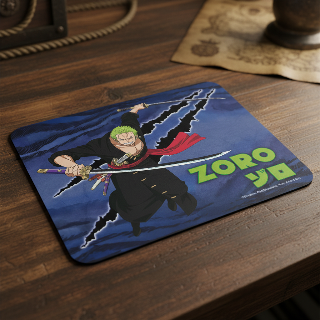 Fans Geek Store One Piece Roronoa Zoro mousepad with a smooth fabric surface and non-slip rubber base on a desk