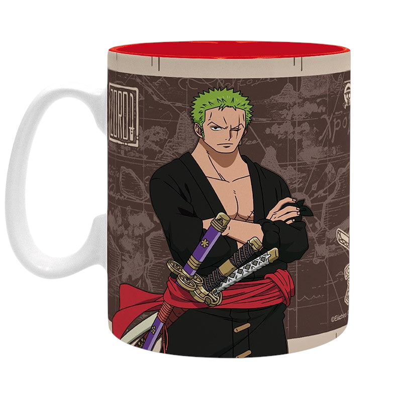 Fans Geek Store ceramic One Piece mug featuring Roronoa Zoro Wanted poster design with a red interior