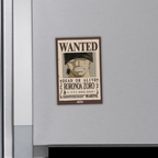 Fans Geek Store One Piece Roronoa Zoro Wanted poster magnet with a matte finish on a metal refrigerator surface