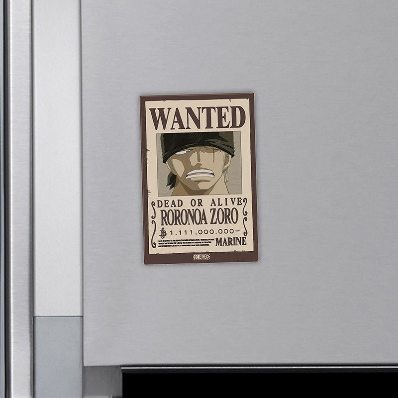 Fans Geek Store One Piece Roronoa Zoro Wanted poster magnet with a matte finish on a metal refrigerator surface