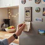 Fans Geek Store One Piece Roronoa Zoro Wanted poster magnet with matte finish attached to a grey refrigerator