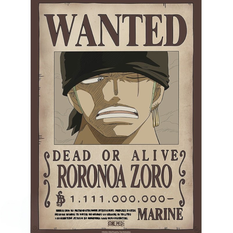 Fans Geek Store One Piece Roronoa Zoro chibi wanted poster on laminated paper with a brown border