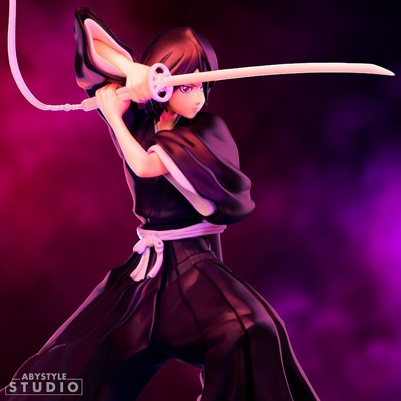 Fans Geek Store Rukia Kuchiki 16cm PVC figurine in 1/10 scale, holding a sword in a dynamic pose, wearing a black shinigami uniform.