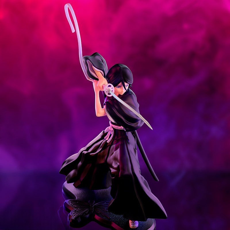 Fans Geek Store Rukia Kuchiki 16cm PVC figurine from Bleach, 1/10 scale, in shinigami uniform with sword drawn.