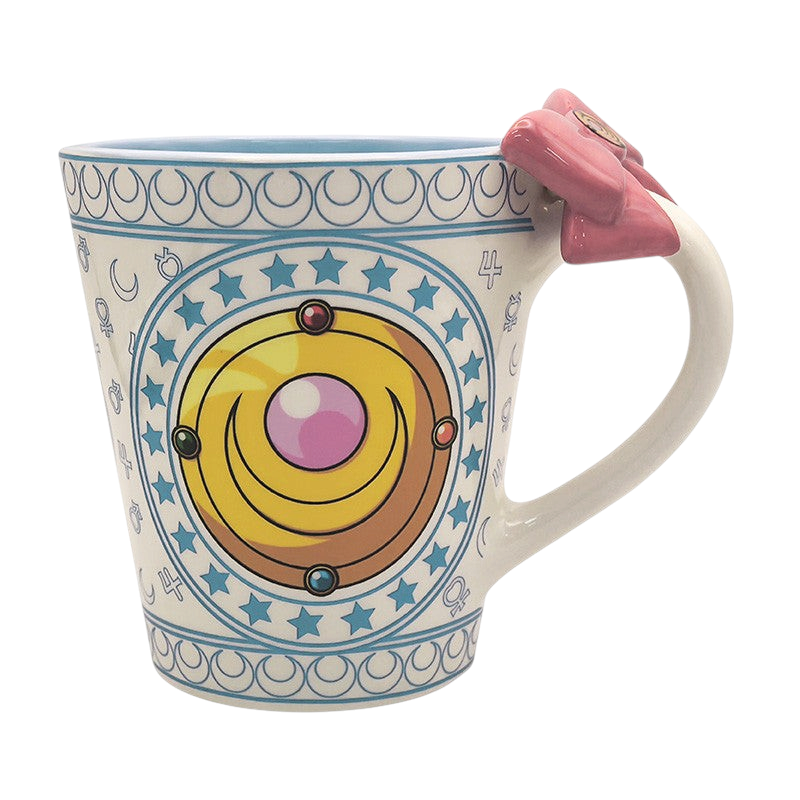 Fans Geek Store Sailor Moon ceramic mug featuring a 3D pink bow handle and Luna-inspired celestial graphics.