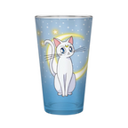 Fans Geek Store Sailor Moon glass featuring Artemis the white cat against a blue starry sky and yellow crescent moon