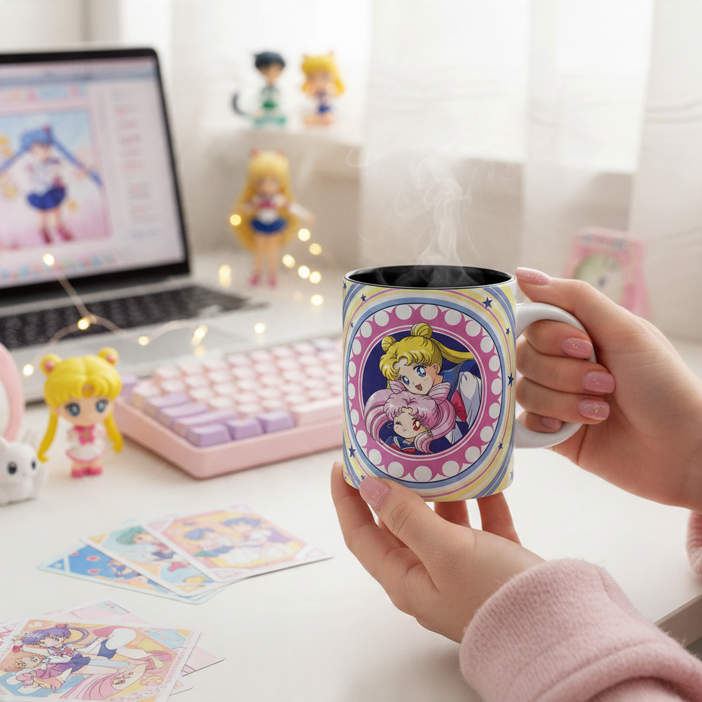 Fans Geek Store ceramic mug featuring Sailor Moon and Black Lady, held in hands with a desk setup in the background.