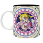 Fans Geek Store ceramic mug featuring Sailor Moon and Black Lady in a circular frame with a pastel striped background