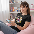 Fans Geek Store black cotton Sailor Moon graphic t-shirt worn by a woman sitting on a pink beanbag chair gaming