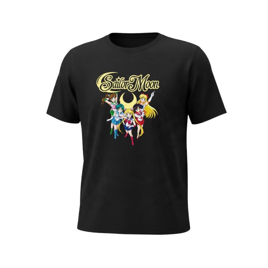 Fans Geek Store black cotton unisex T-shirt featuring a Sailor Moon graphic with all five Sailor Guardians