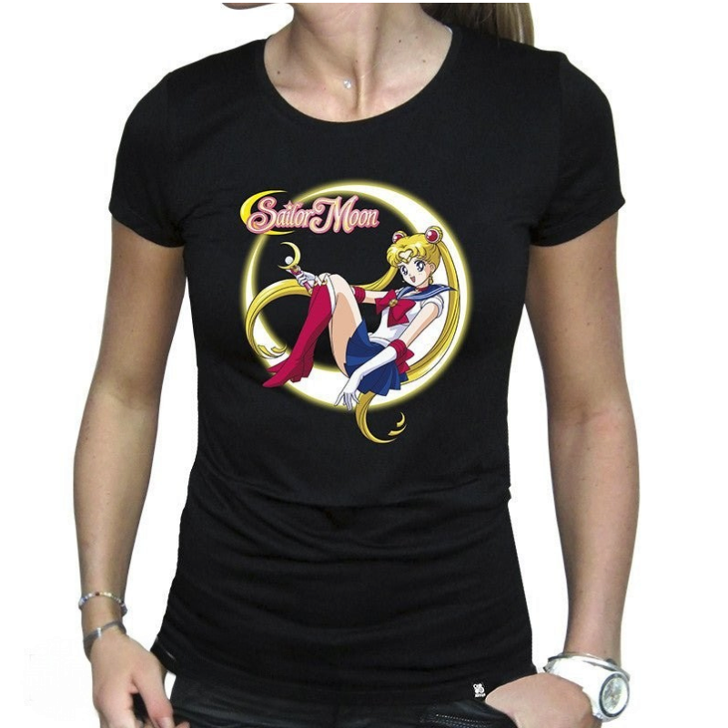 Fans Geek Store black cotton women's t-shirt featuring a Sailor Moon graphic print with a crescent moon design