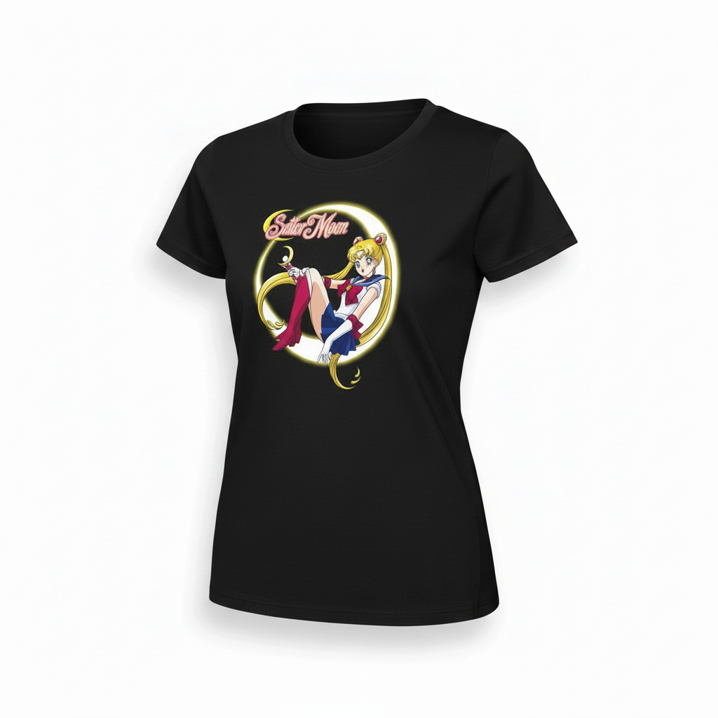 Fans Geek Store black cotton women's t-shirt featuring a Sailor Moon graphic print with a crescent moon design.