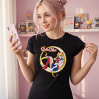 Fans Geek Store black cotton fitted women's t-shirt featuring a Sailor Moon graphic print worn by a young woman