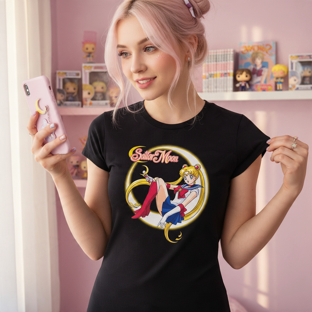 Fans Geek Store black cotton fitted women's t-shirt featuring a Sailor Moon graphic print worn by a young woman