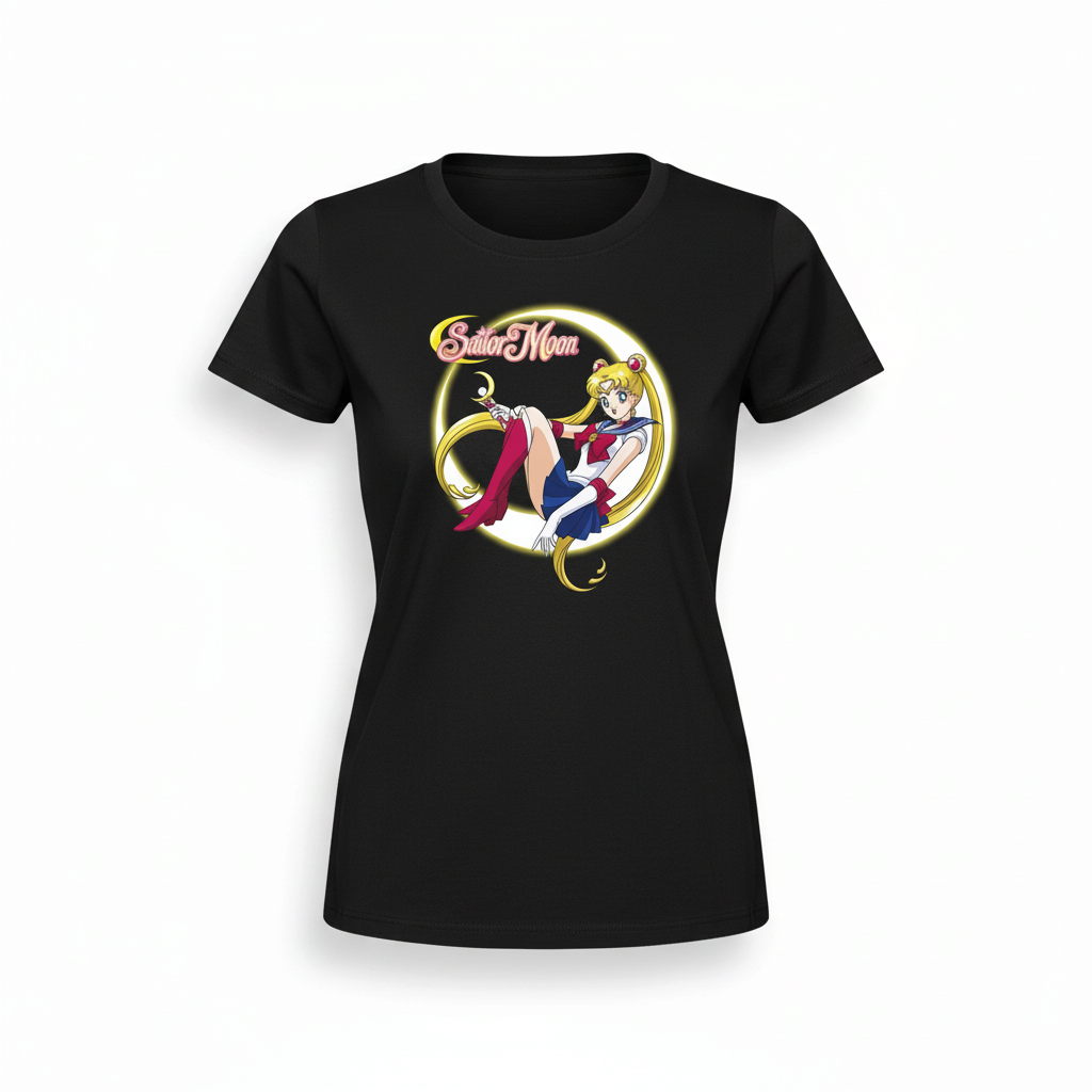 Fans Geek Store black cotton women's t-shirt featuring a Sailor Moon graphic print inside a glowing crescent moon.