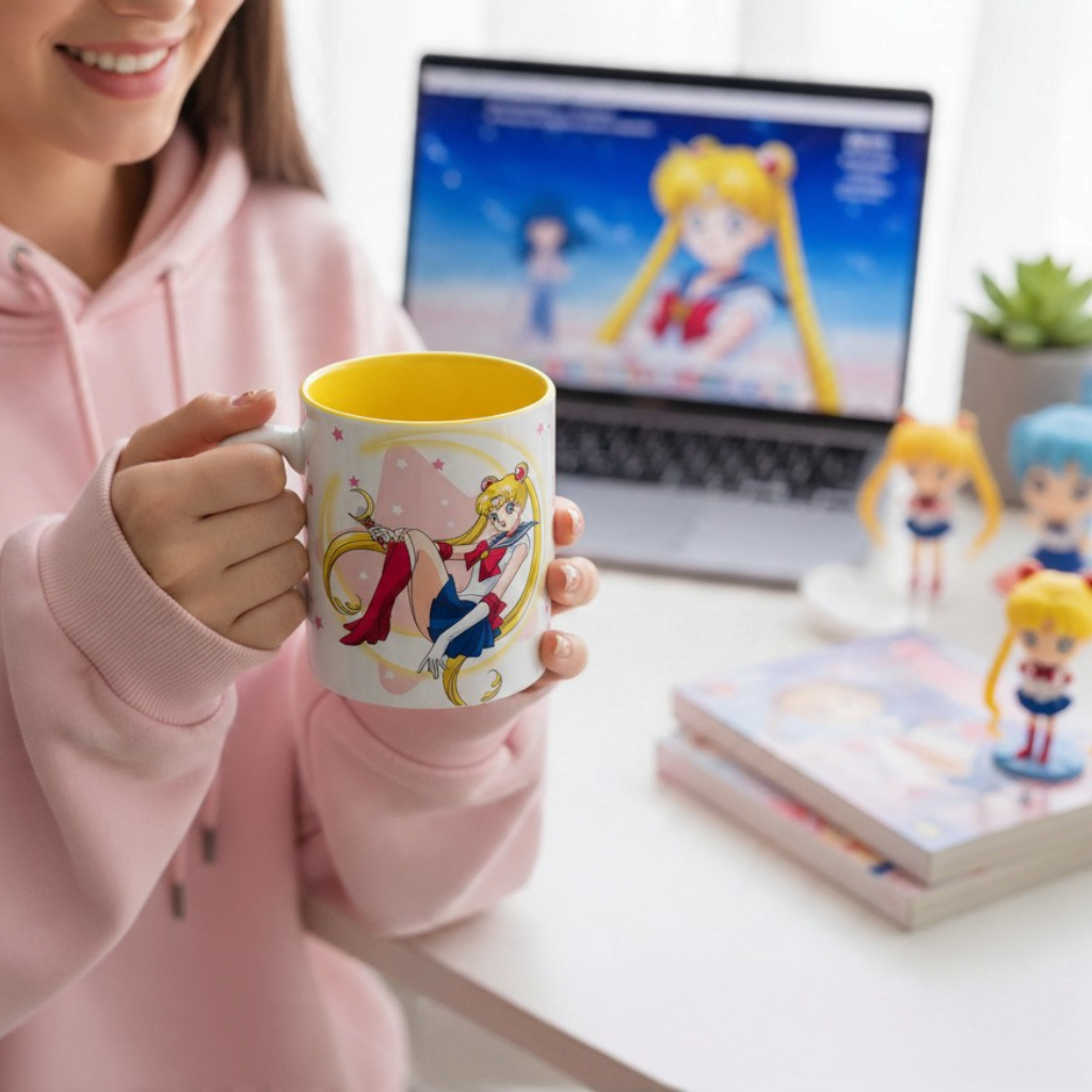 Fans Geek Store ceramic Sailor Moon mug with Moon Stick design and yellow interior held by a person in a pink hoodie