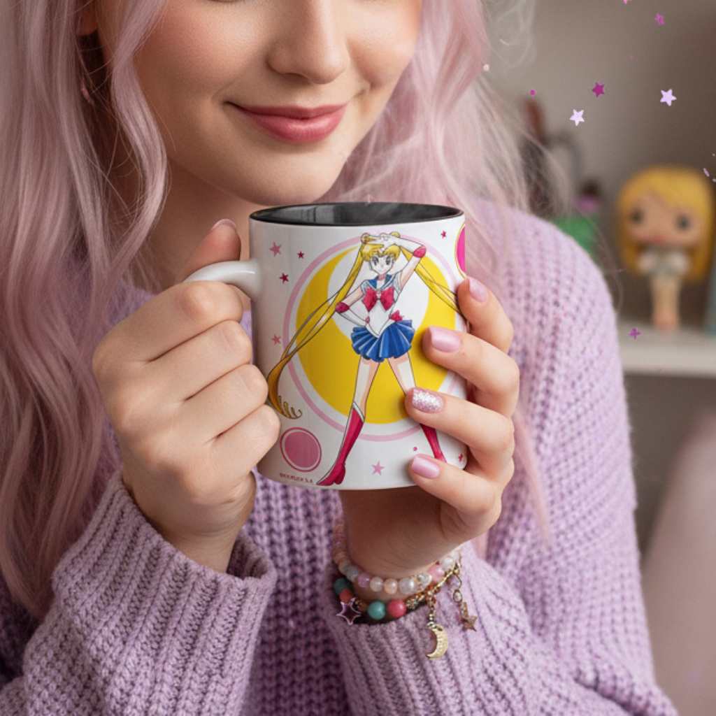 Fans Geek Store ceramic mug featuring Sailor Moon, held by a woman with pink hair wearing a lavender sweater.