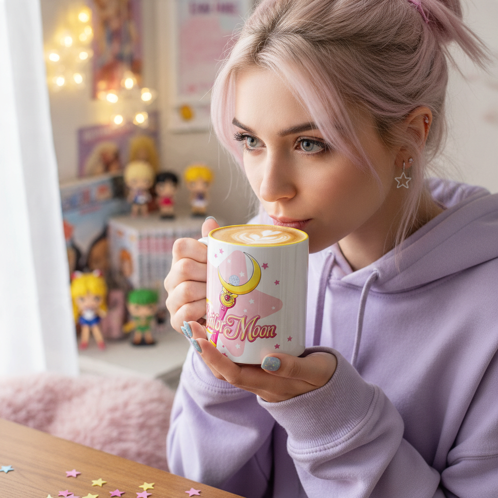 Fans Geek Store ceramic Sailor Moon mug with Moon Stick design held by a young woman with pink hair