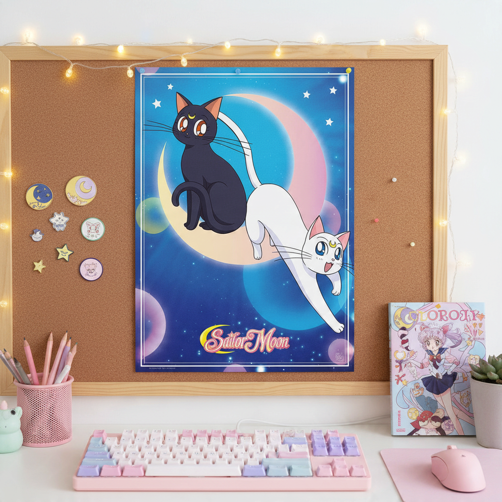 Fans Geek Store Sailor Moon chibi poster featuring Luna and Artemis on a corkboard above a pastel gaming desk setup.