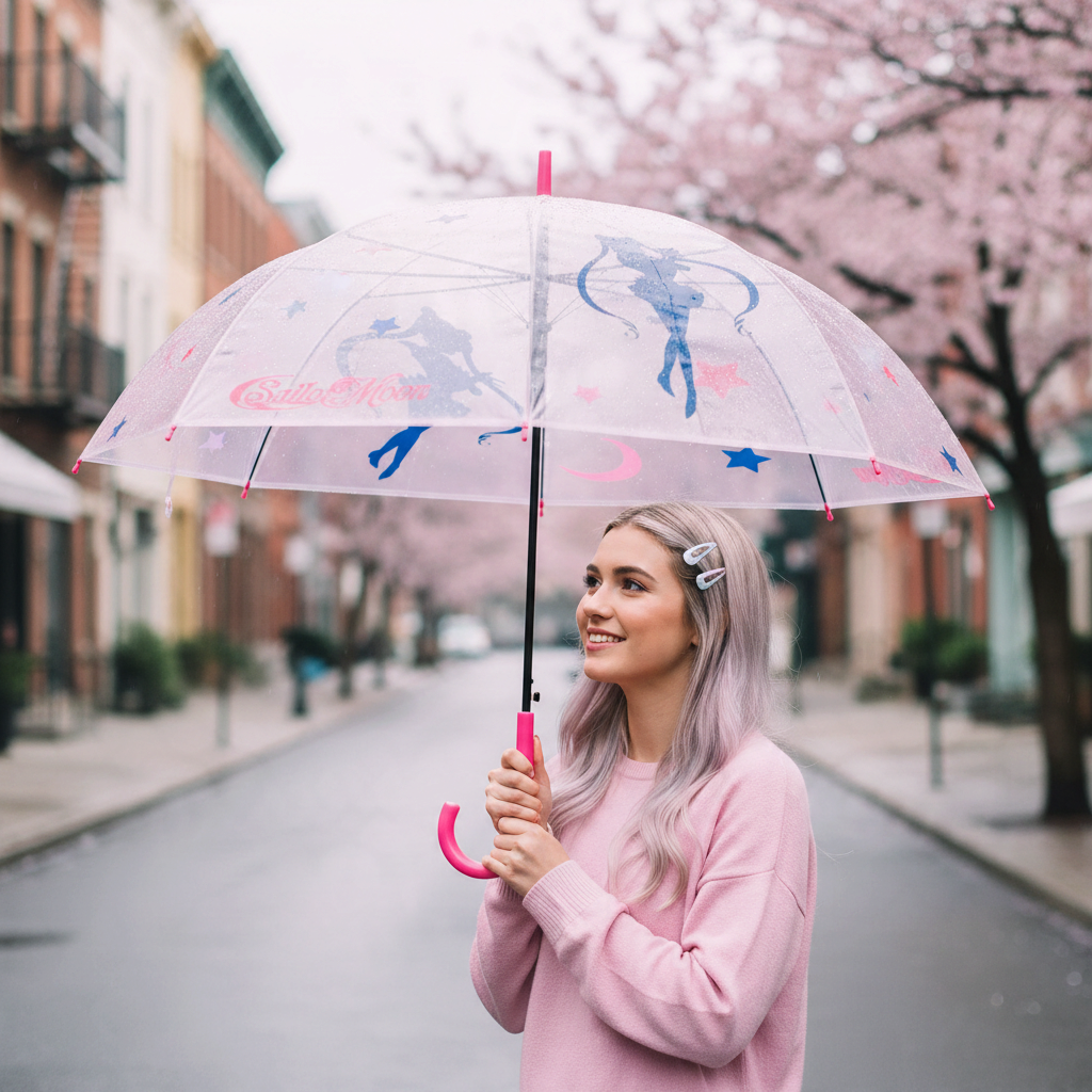 Fans Geek Store Sailor Moon clear umbrella with pink handle and anime graphics held by a woman on a city street