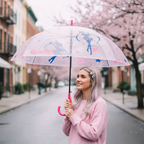 Fans Geek Store Sailor Moon clear umbrella with pink handle and anime graphics held by a woman on a city street