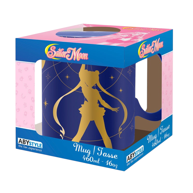 Fans Geek Store Sailor Moon ceramic mug in blue with gold foil silhouette and star details in its display box