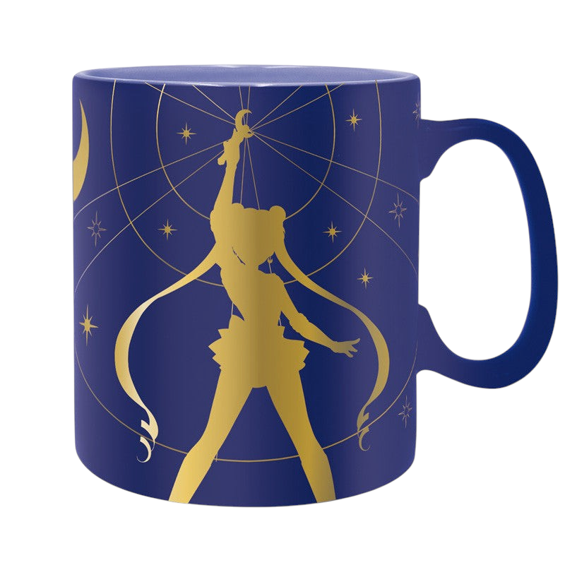 Fans Geek Store Sailor Moon ceramic mug in matte blue with gold foil silhouette of Usagi and star patterns
