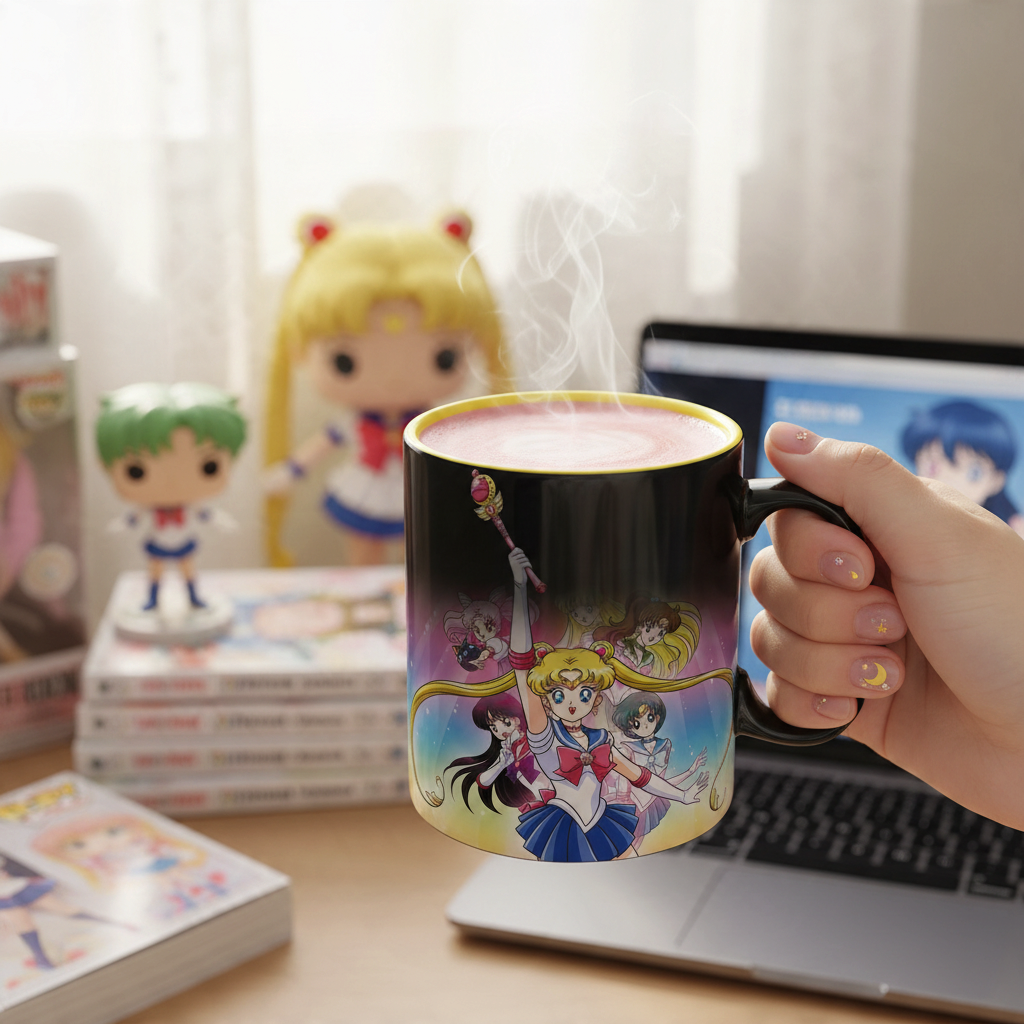 Fans Geek Store Sailor Moon heat-sensitive ceramic mug featuring Sailor Guardians and Tuxedo Mask with steaming drink