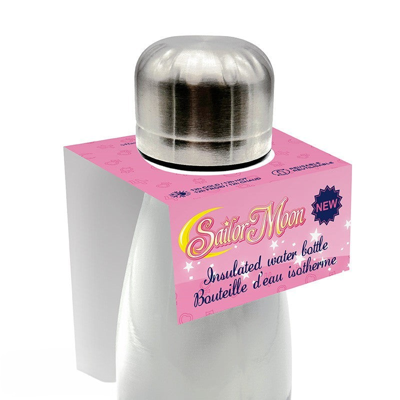Fans Geek Store Sailor Moon and Luna insulated stainless steel water bottle with a silver cap and pink branding tag.