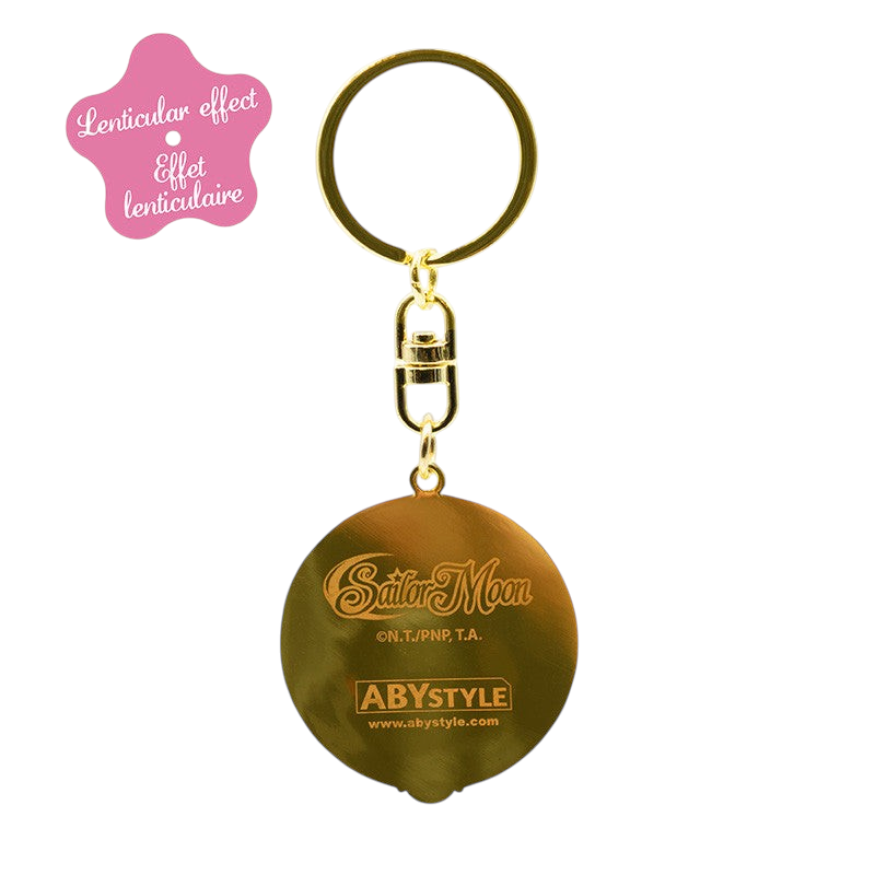 Fans Geek Store Sailor Moon metal keychain showing the branded back side with a lenticular effect sticker