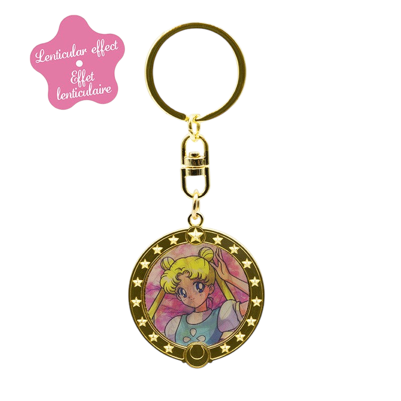 Fans Geek Store Sailor Moon lenticular keychain featuring Usagi Tsukino transforming into Sailor Moon in a gold frame