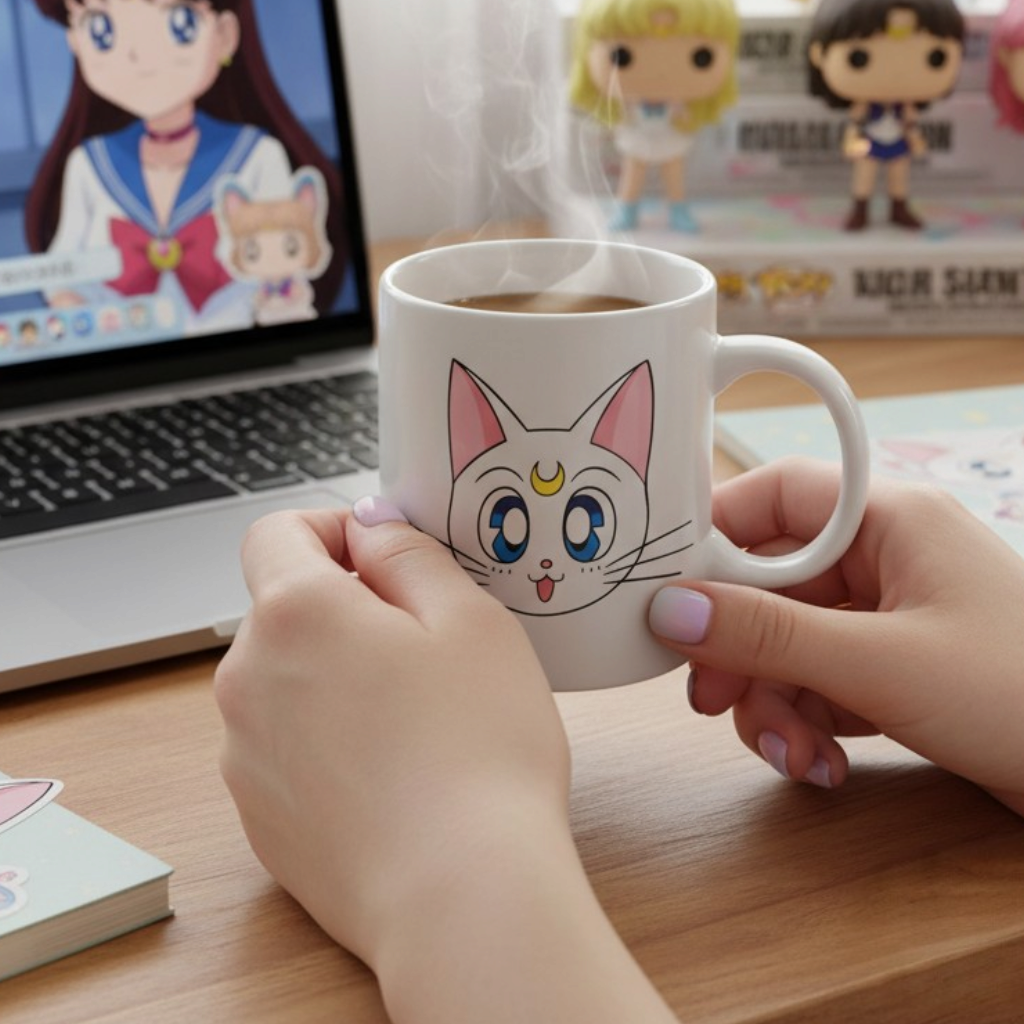 Fans Geek Store Sailor Moon ceramic mug featuring Luna and Artemis, held by hands on a desk with a laptop and figures.