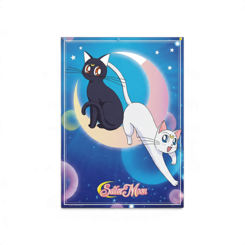 Fans Geek Store Sailor Moon chibi poster featuring Luna and Artemis cats on a crescent moon against a blue starry sky