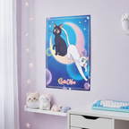Fans Geek Store Sailor Moon chibi poster featuring Luna and Artemis cats on a crescent moon against a blue background.