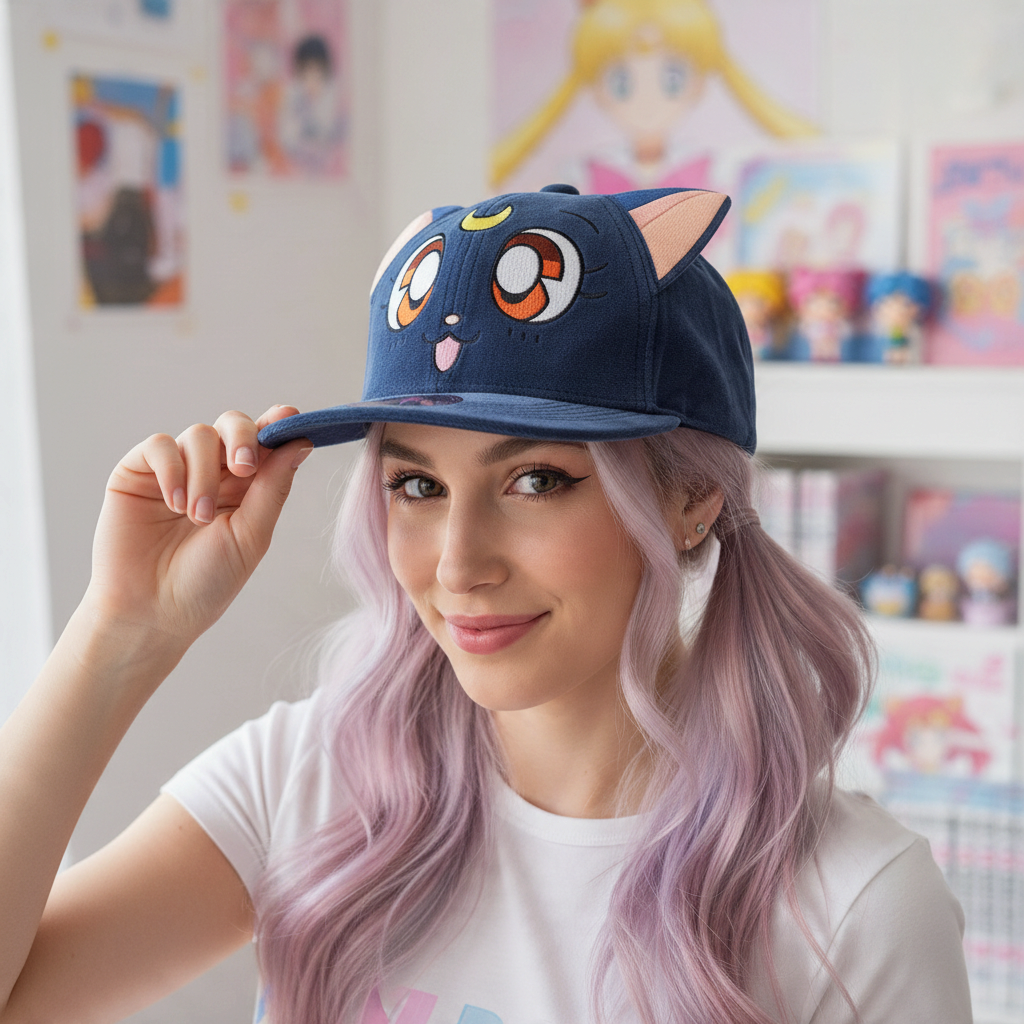 Fans Geek Store Sailor Moon Luna cap in dark blue with cat ears and embroidered crescent moon on a young woman