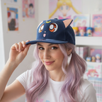 Fans Geek Store Sailor Moon Luna cap in dark blue with cat ears and embroidered crescent moon on a young woman
