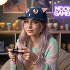 Fans Geek Store Sailor Moon Luna cap with cat ears and embroidered crescent moon worn by a gamer girl