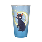 Fans Geek Store Sailor Moon glass featuring Luna the black cat against a yellow crescent moon and blue starry sky