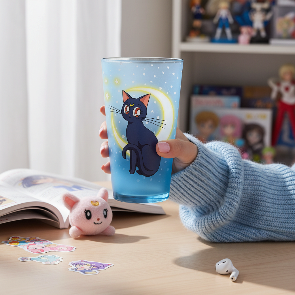 Fans Geek Store Sailor Moon glass featuring Luna cat design with a crescent moon, held by a person in a blue sweater.