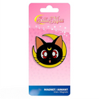 Fans Geek Store Sailor Moon Luna cat metal magnet featuring a black cat face with a yellow crescent moon background.