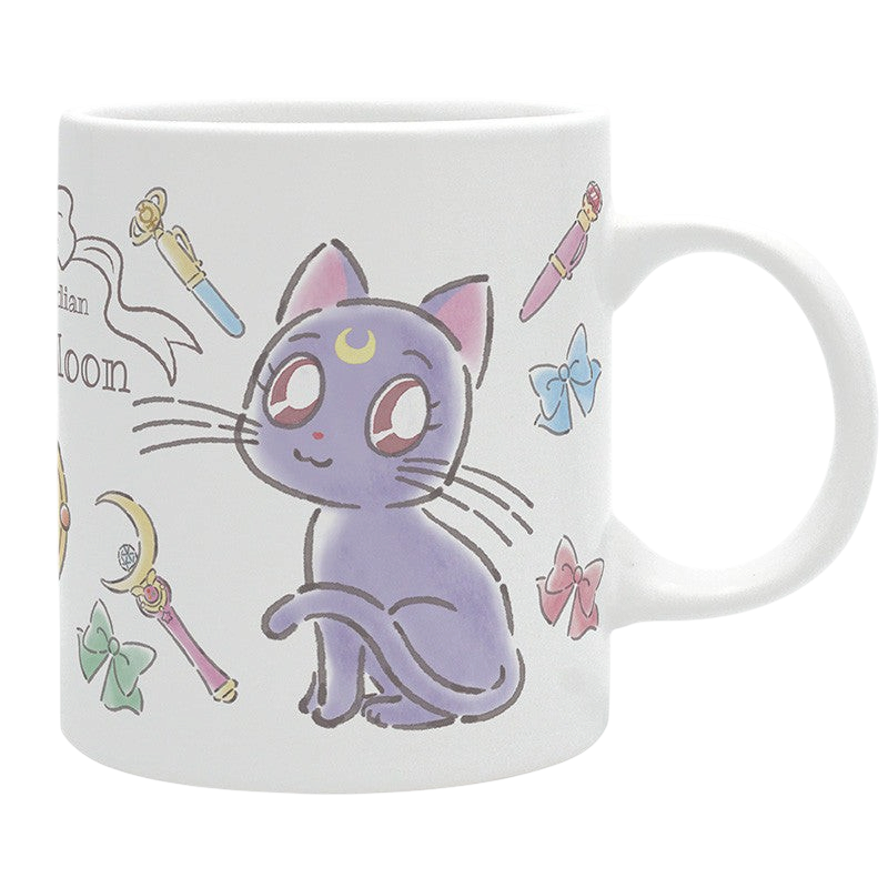 Fans Geek Store white ceramic Sailor Moon mug featuring a chibi-style Luna cat illustration and magical accessories.
