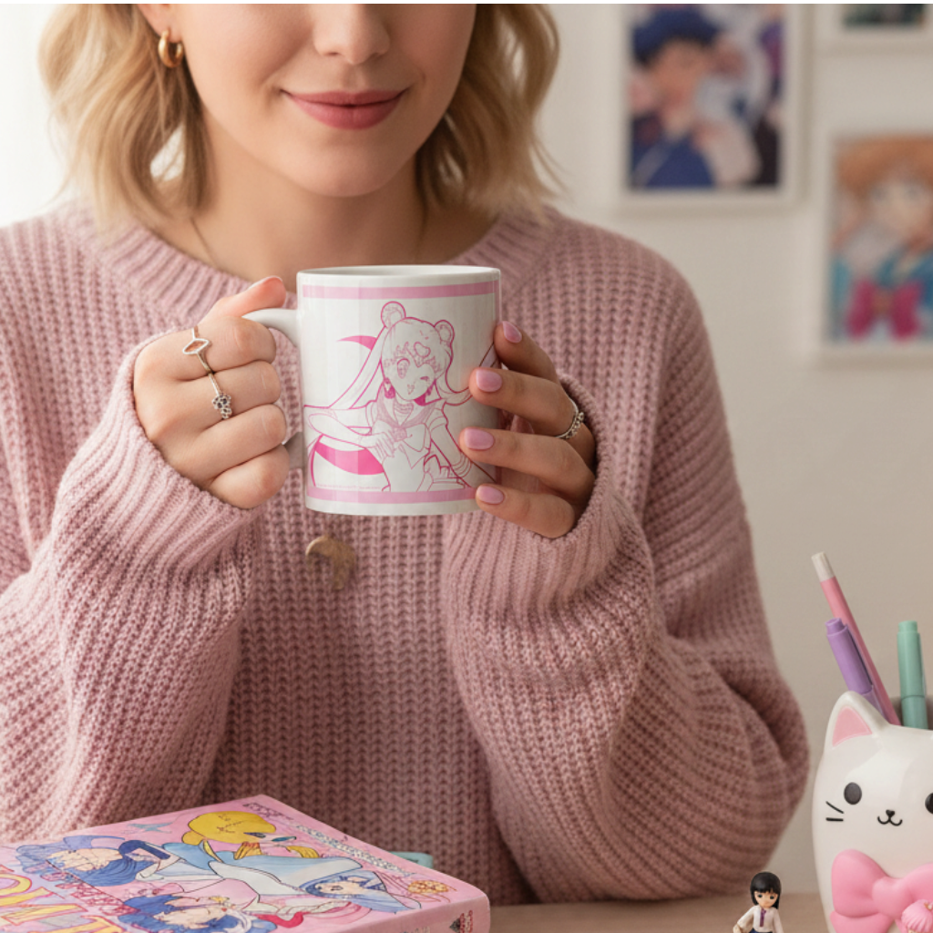 Fans Geek Store ceramic mug featuring a pink Sailor Moon and Luna illustration held by a woman in a pink sweater
